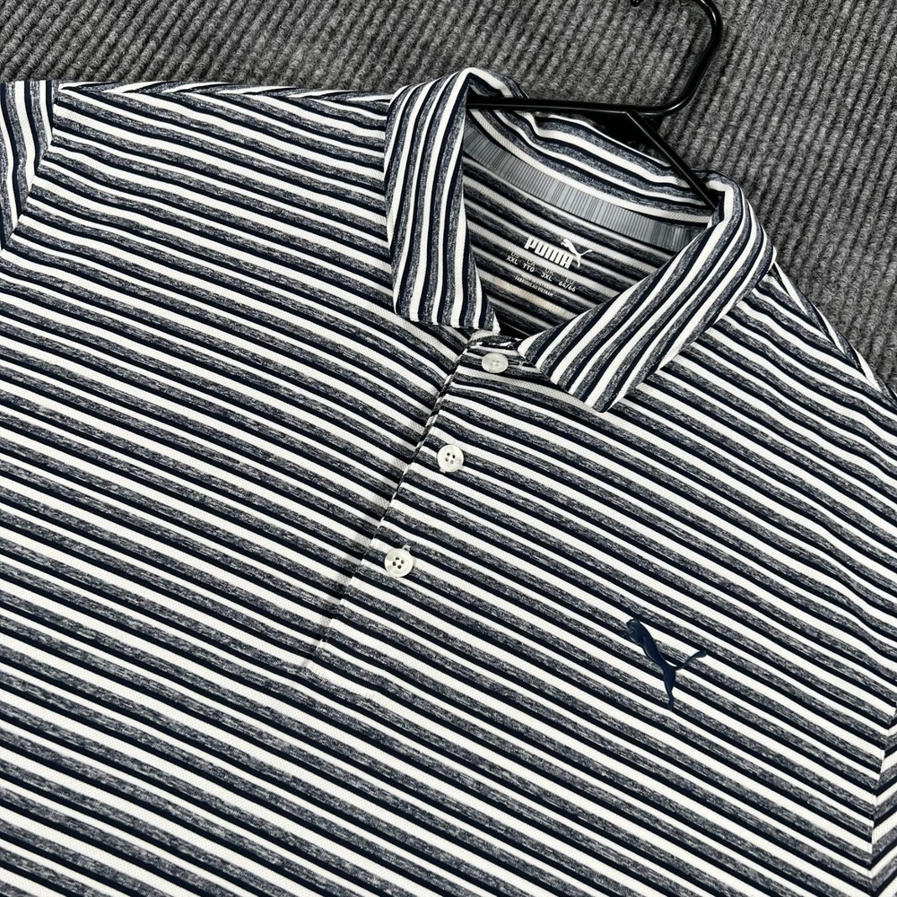 Puma Polo Shirt Mens 2XL XXL Blue Striped Shirt Short Sleeve Golf Performance